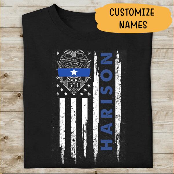 Thin Blue Line  Police Name Personalized T-Shirt, Best Gifts For Police Officers