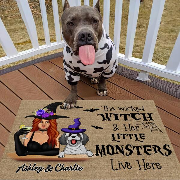 The Wicked Witch & Her Little Monster Live Here Personalized Welcome Doormat, Best Gift For Halloween Home Decoration