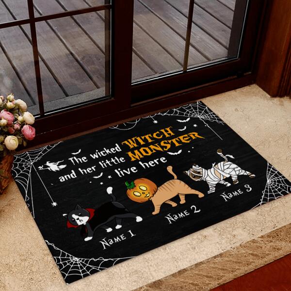 Wicked Witch And Monster Cats Live Here Halloween Personalized Doormat, Best Gifts For Halloween Home Decoration