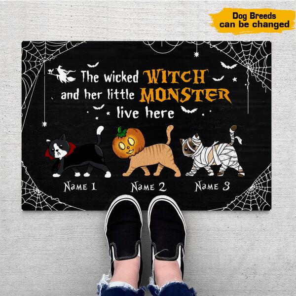 Wicked Witch And Monster Cats Live Here Halloween Personalized Doormat, Best Gifts For Halloween Home Decoration