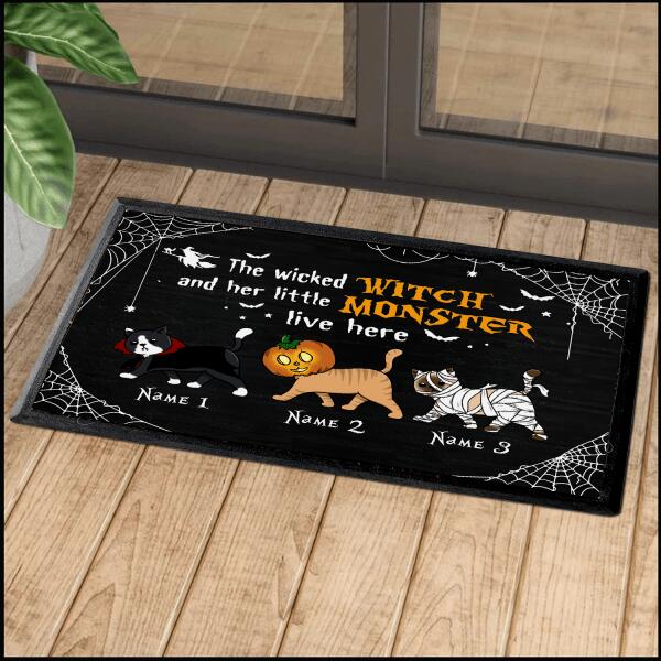 Wicked Witch And Monster Cats Live Here Halloween Personalized Doormat, Best Gifts For Halloween Home Decoration