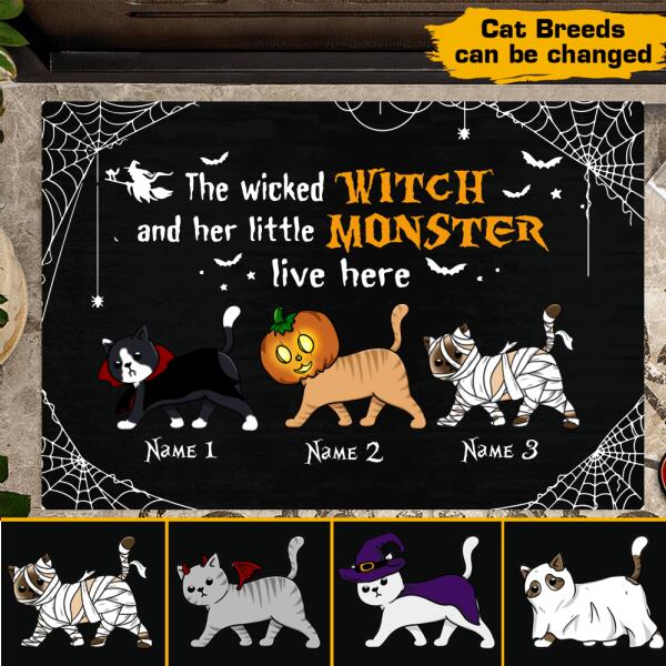 Wicked Witch And Monster Cats Live Here Halloween Personalized Doormat, Best Gifts For Halloween Home Decoration