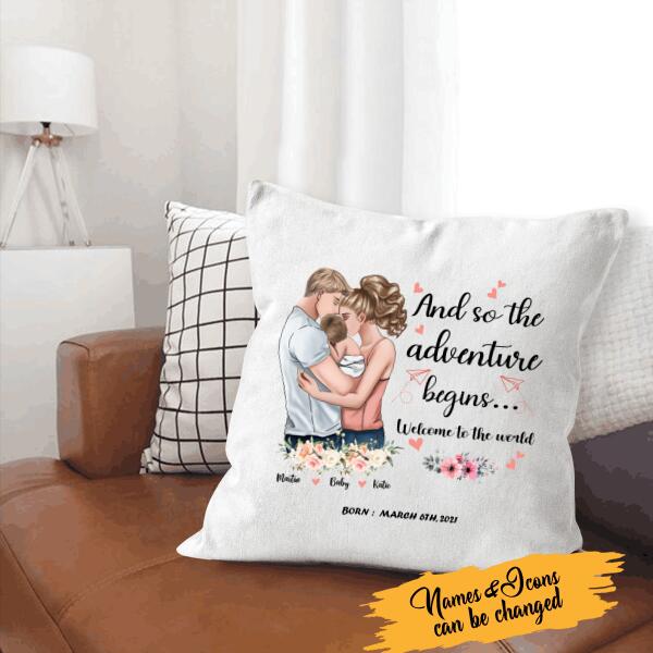 And So The Adventure Begins Welcome To The World Personalized T-shirt, Mug, Canvas, Poster, Canvas Throw Pillow, Special Gifts From Mom And Dad To Their Baby