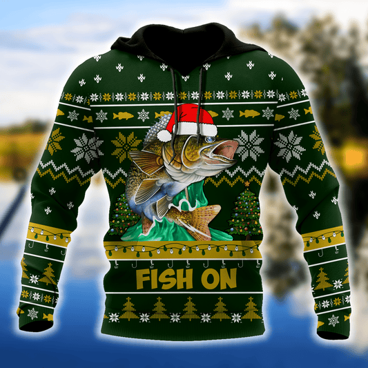 Walleye Fishing Fish on Christmas Hat 3D Shirts