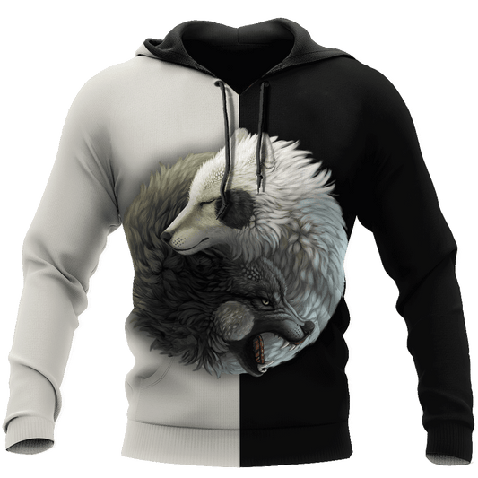 Wolf Yin and Yang 3D All Over Printed Unisex Deluxe Hoodie ML