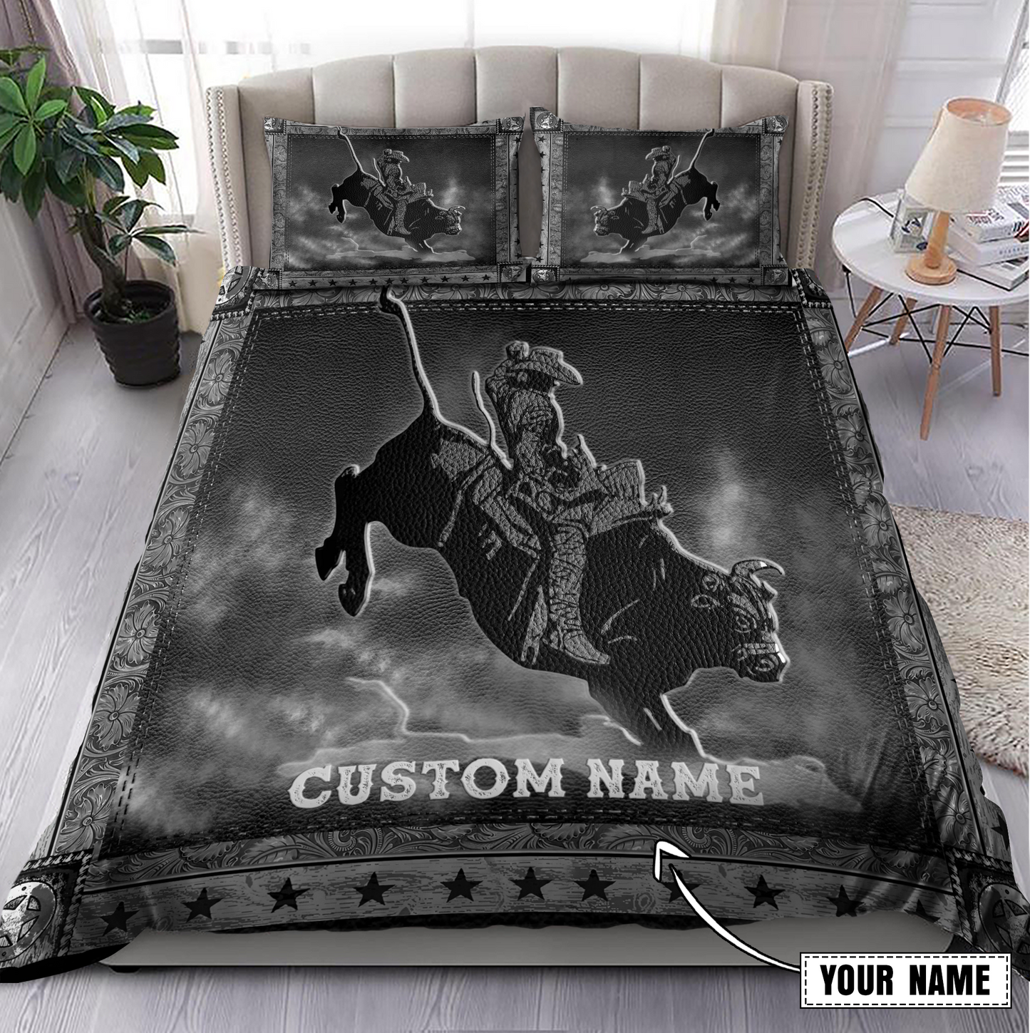 Tmarc Tee Personalized Name Bull Riding Gray Ver Bedding Set