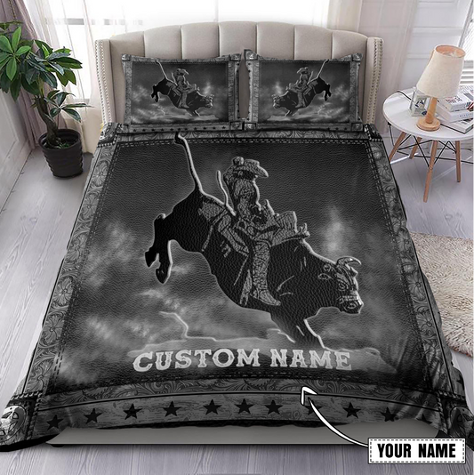 Tmarc Tee Personalized Name Bull Riding Gray Ver Bedding Set