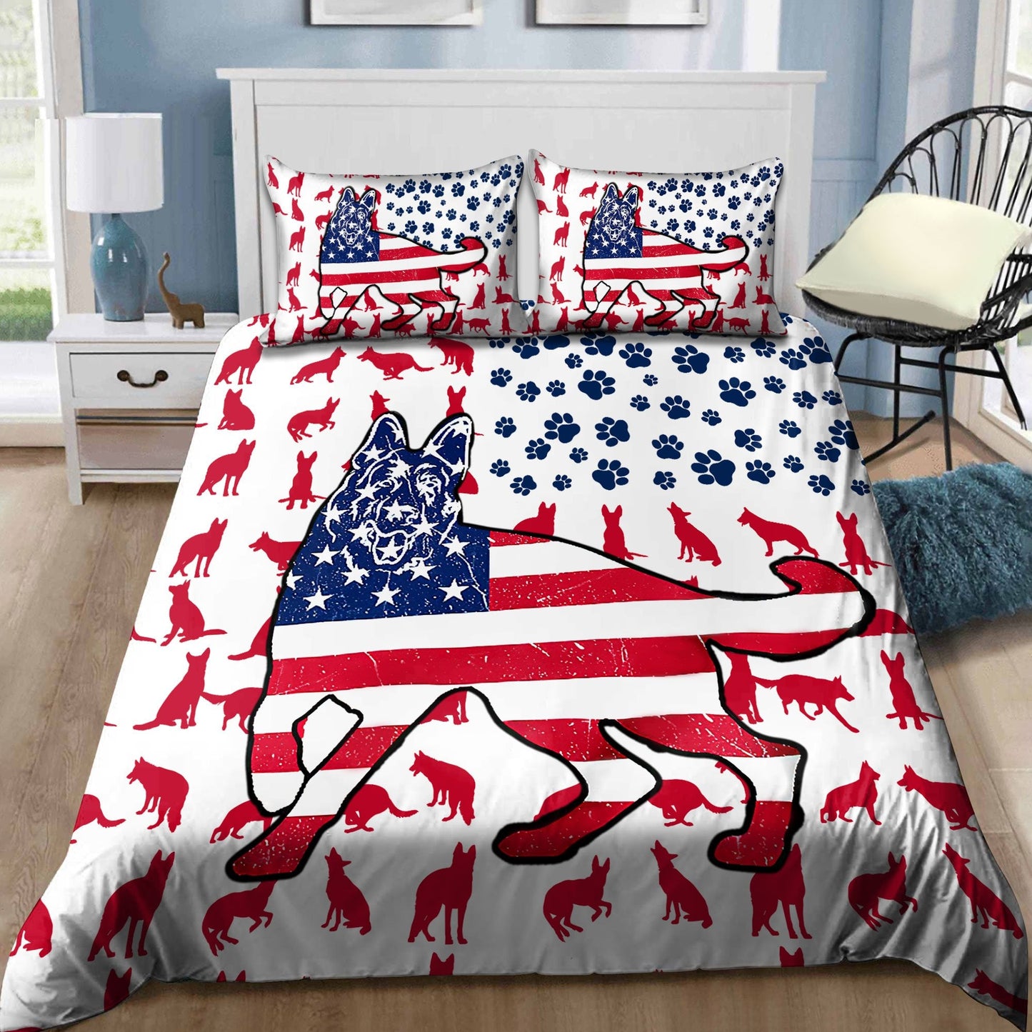 German Shepherd American Flag Bedding Set