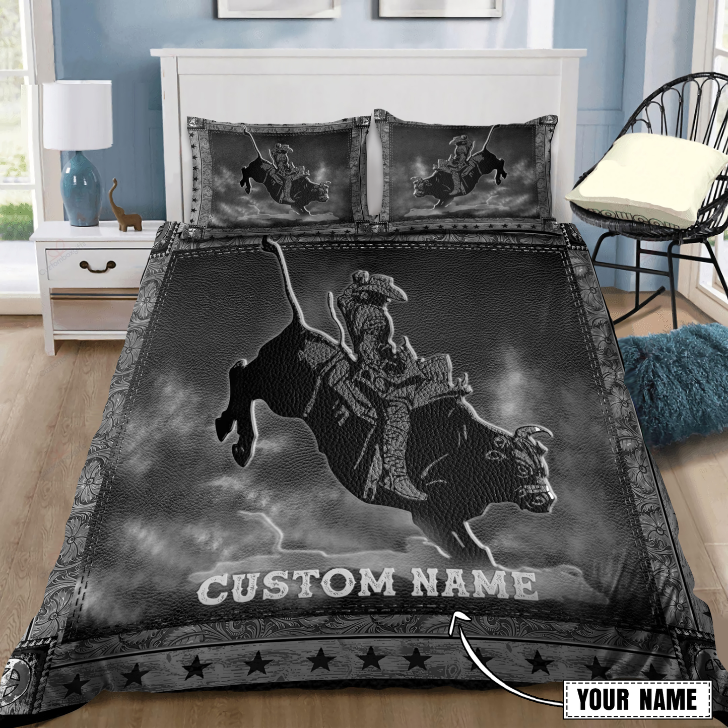 Tmarc Tee Personalized Name Bull Riding Gray Ver Bedding Set