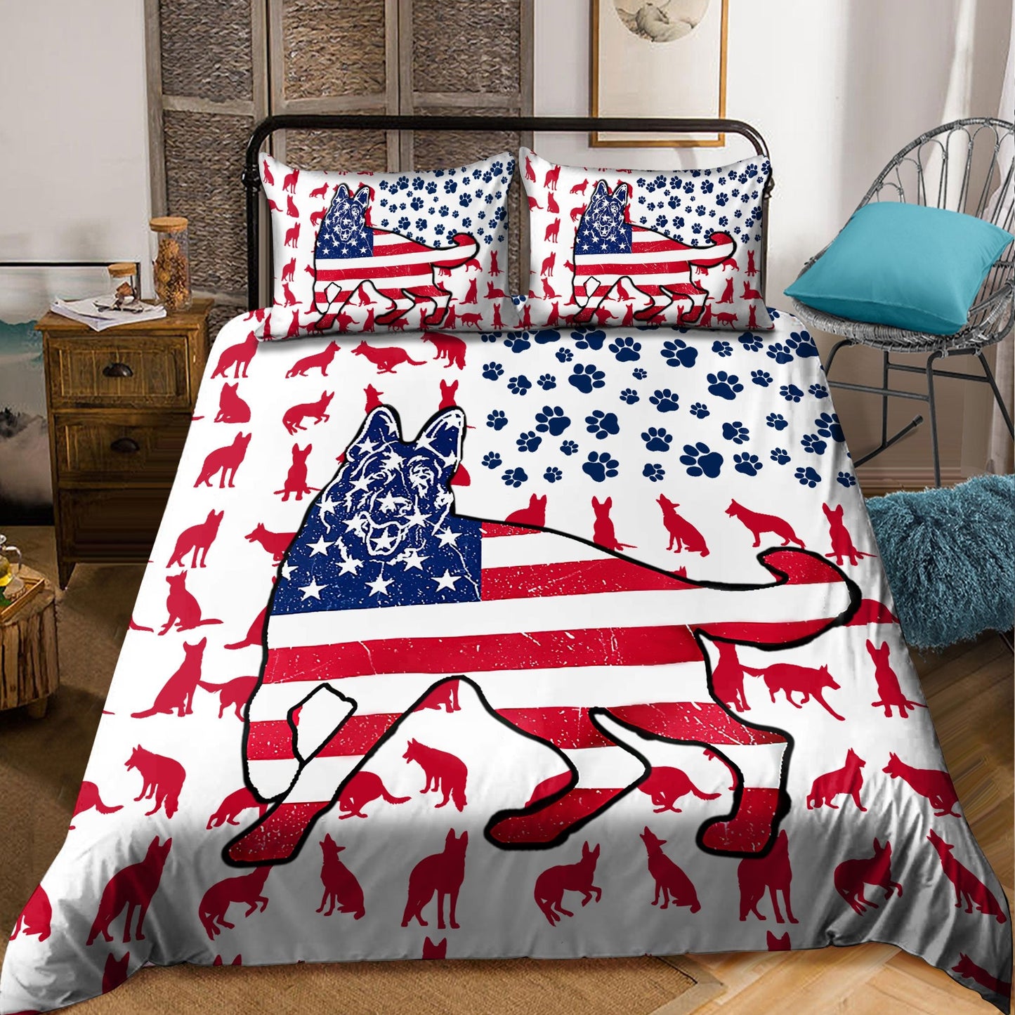 German Shepherd American Flag Bedding Set