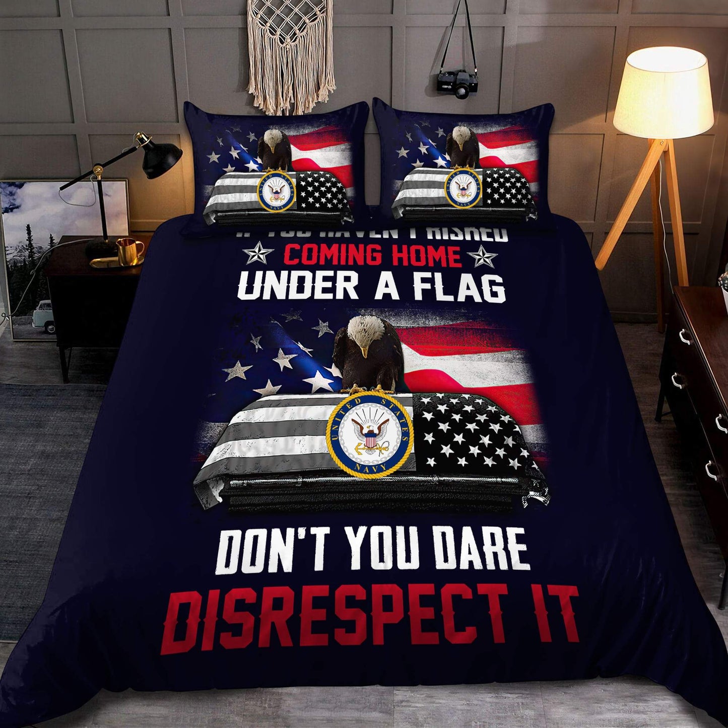 US Navy Veteran Coming home under a flag bedding set Proud Military