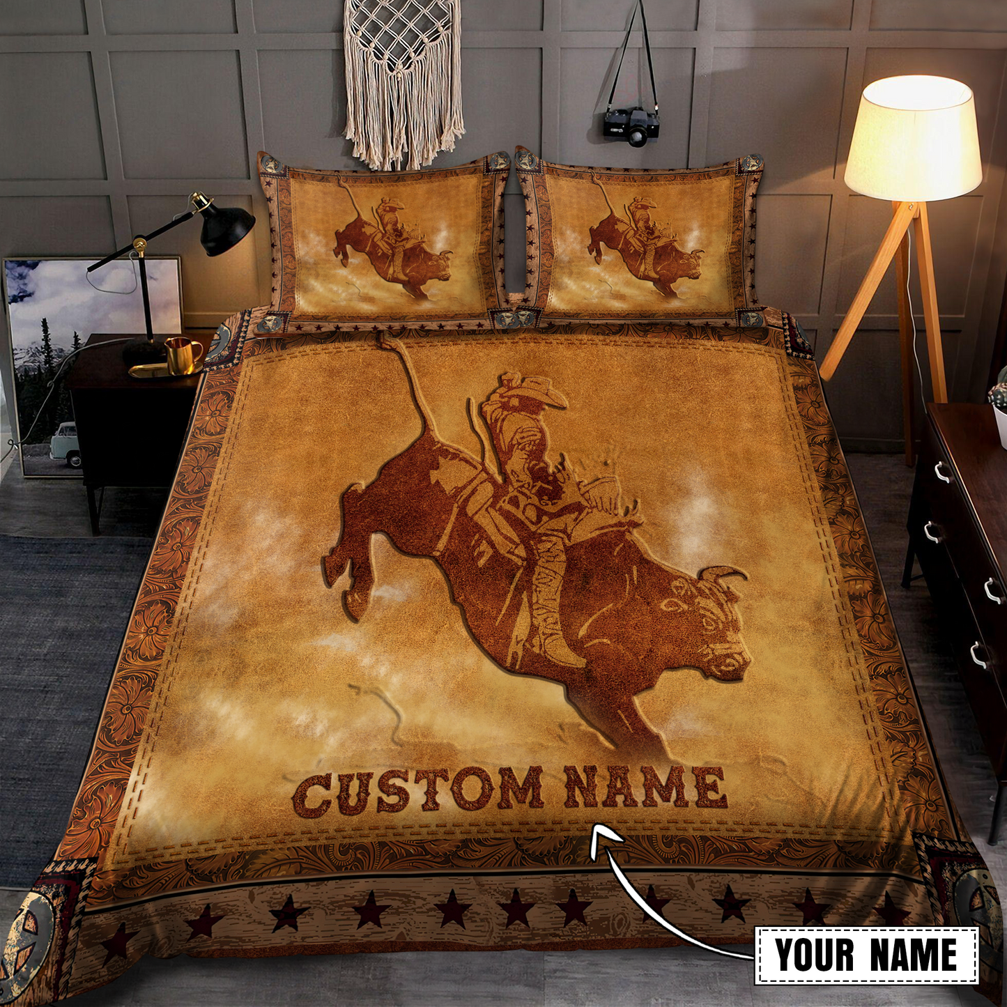 Tmarc Tee Personalized Name Bull Riding Carving Pattern Bedding Set