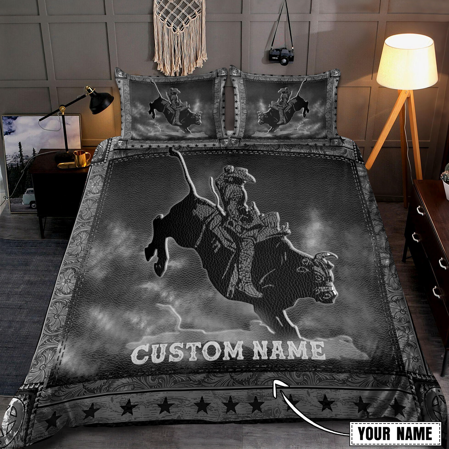 Tmarc Tee Personalized Name Bull Riding Gray Ver Bedding Set