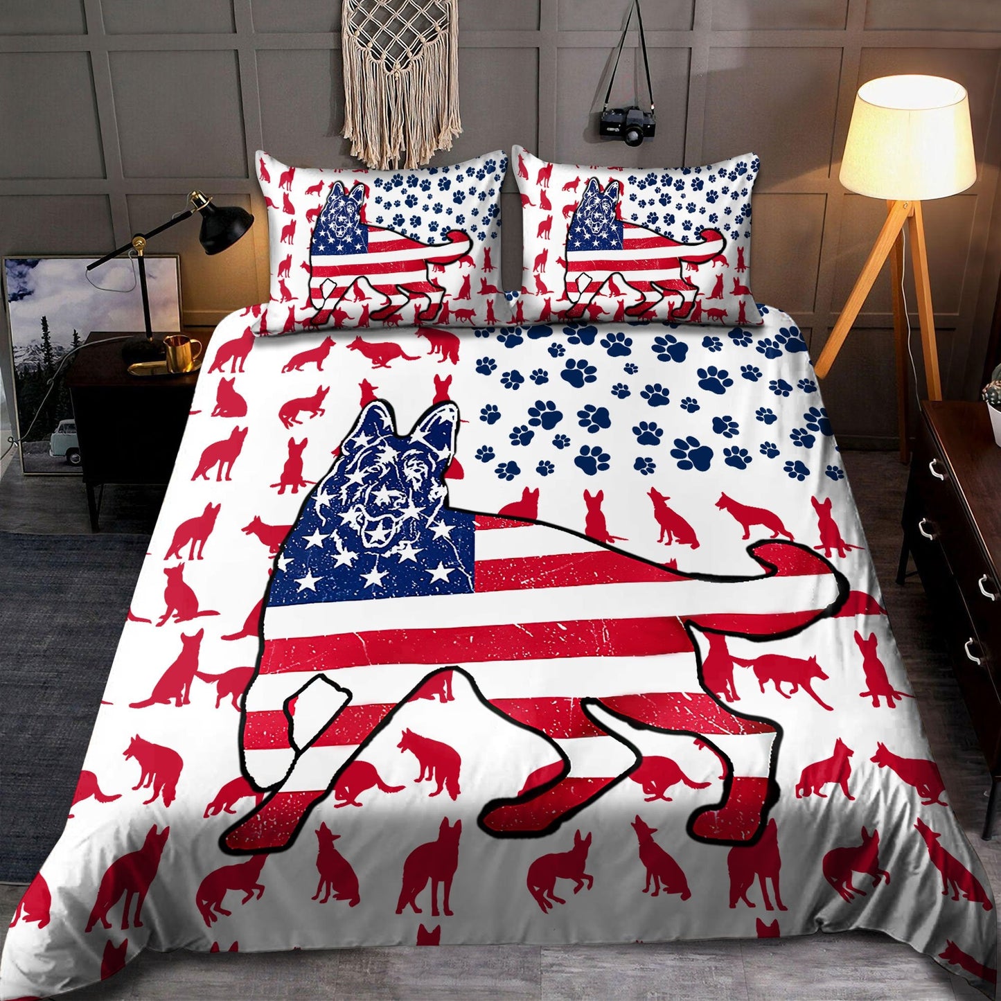German Shepherd American Flag Bedding Set