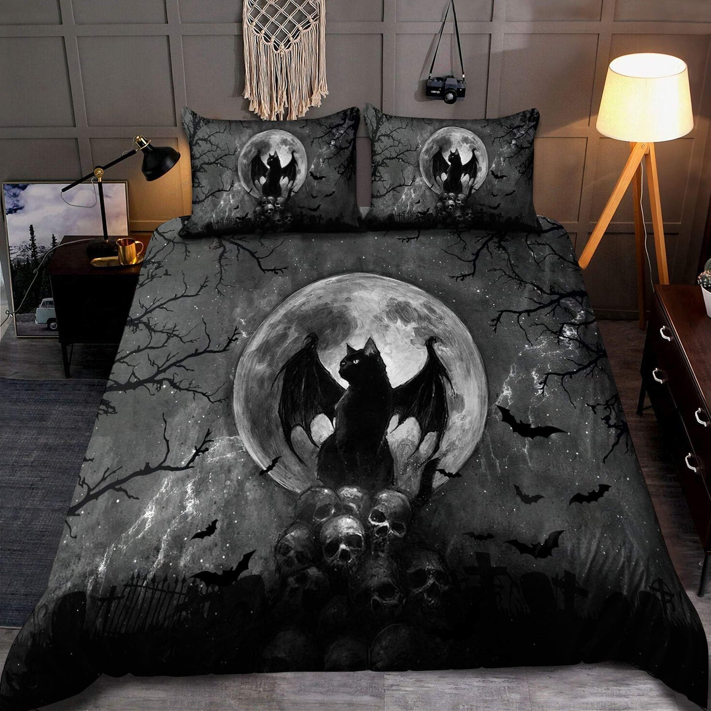 Black Cat and Skull Halloween Bedding Set