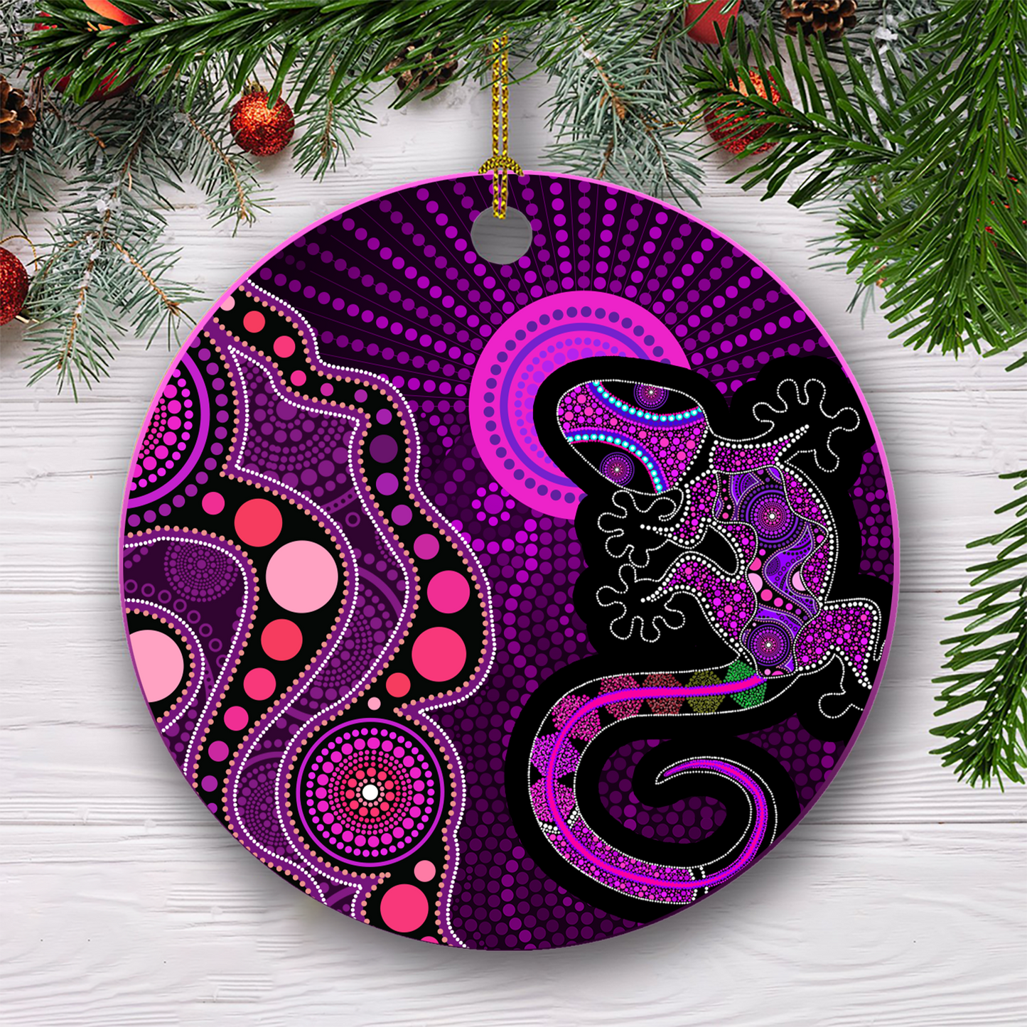 Aboriginal Art Purple Lizard and Sun Christmas Ornaments KL26102104