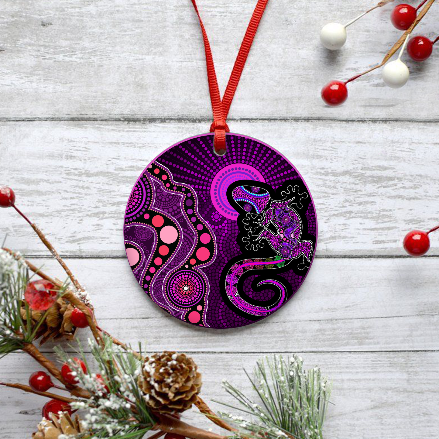 Aboriginal Art Purple Lizard and Sun Christmas Ornaments KL26102104