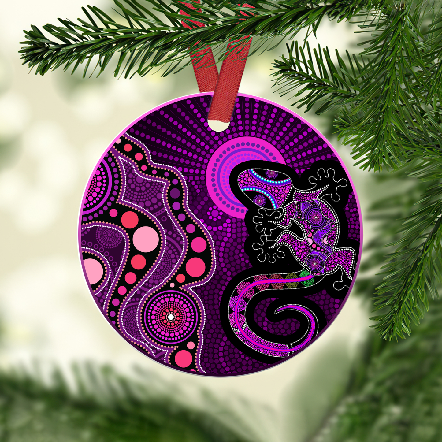 Aboriginal Art Purple Lizard and Sun Christmas Ornaments KL26102104