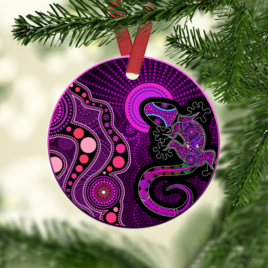 Aboriginal Art Purple Lizard and Sun Christmas Ornaments KL26102104