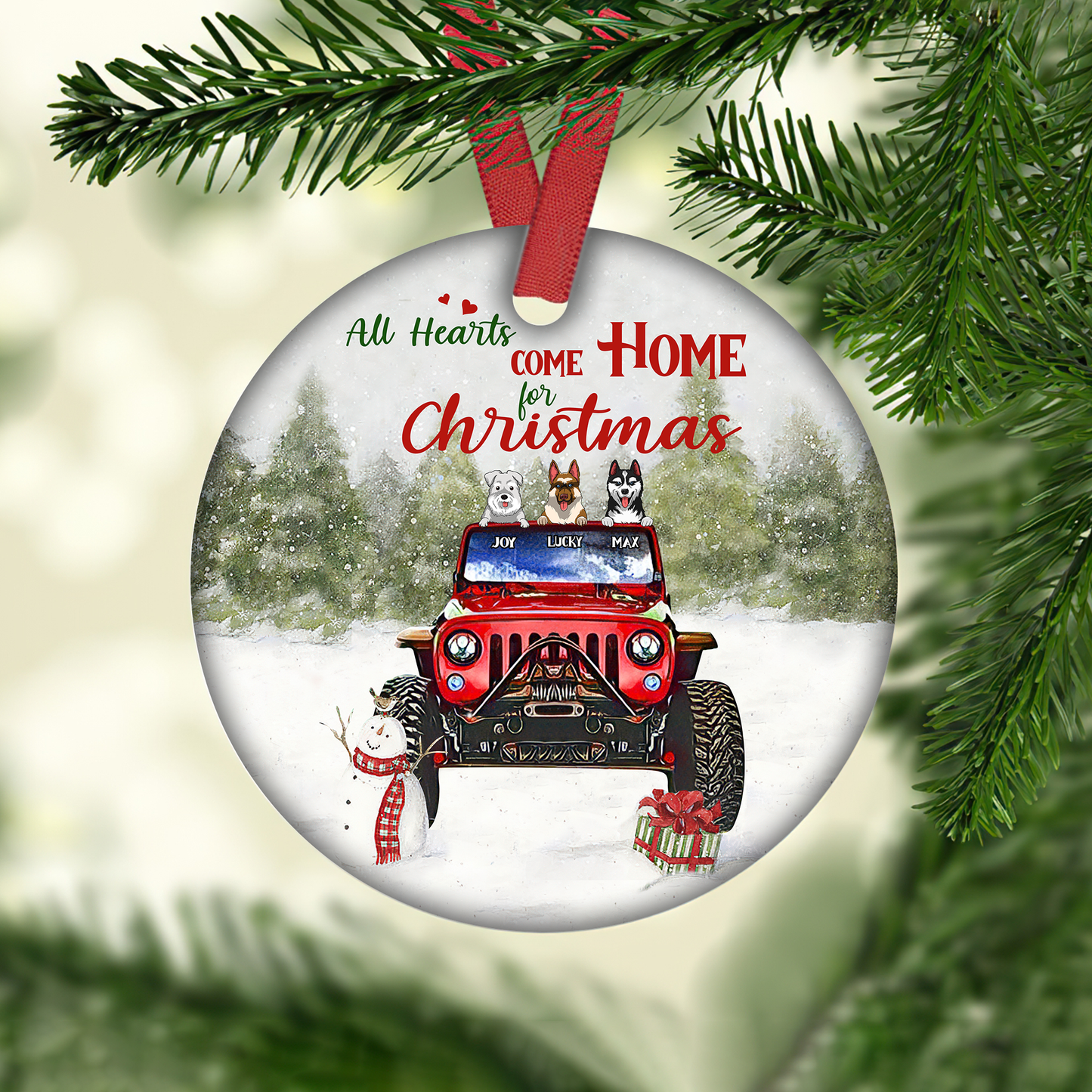 All Hearts Come Home For Christmas Customized Dog Breeds Red Jeep Ornament, Christmas Gifts For Dog Lovers