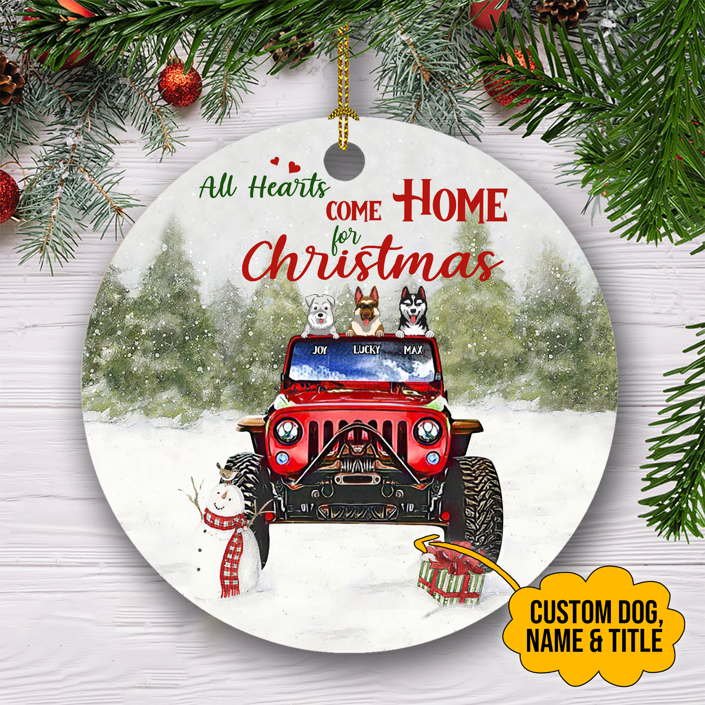 All Hearts Come Home For Christmas Customized Dog Breeds Red Jeep Ornament, Christmas Gifts For Dog Lovers