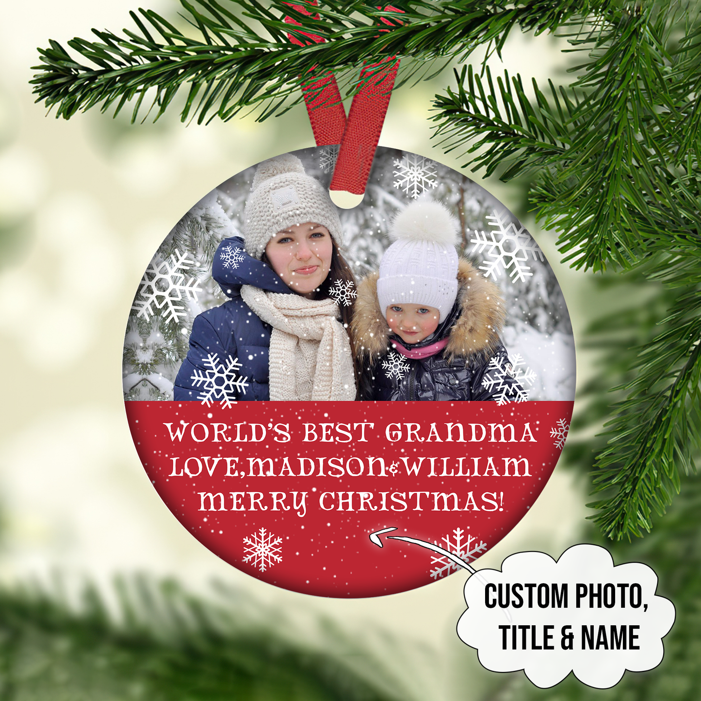 World's Best Grandma Love Merry Christmas Customized Photo Ornament, Christmas Gifts For Family