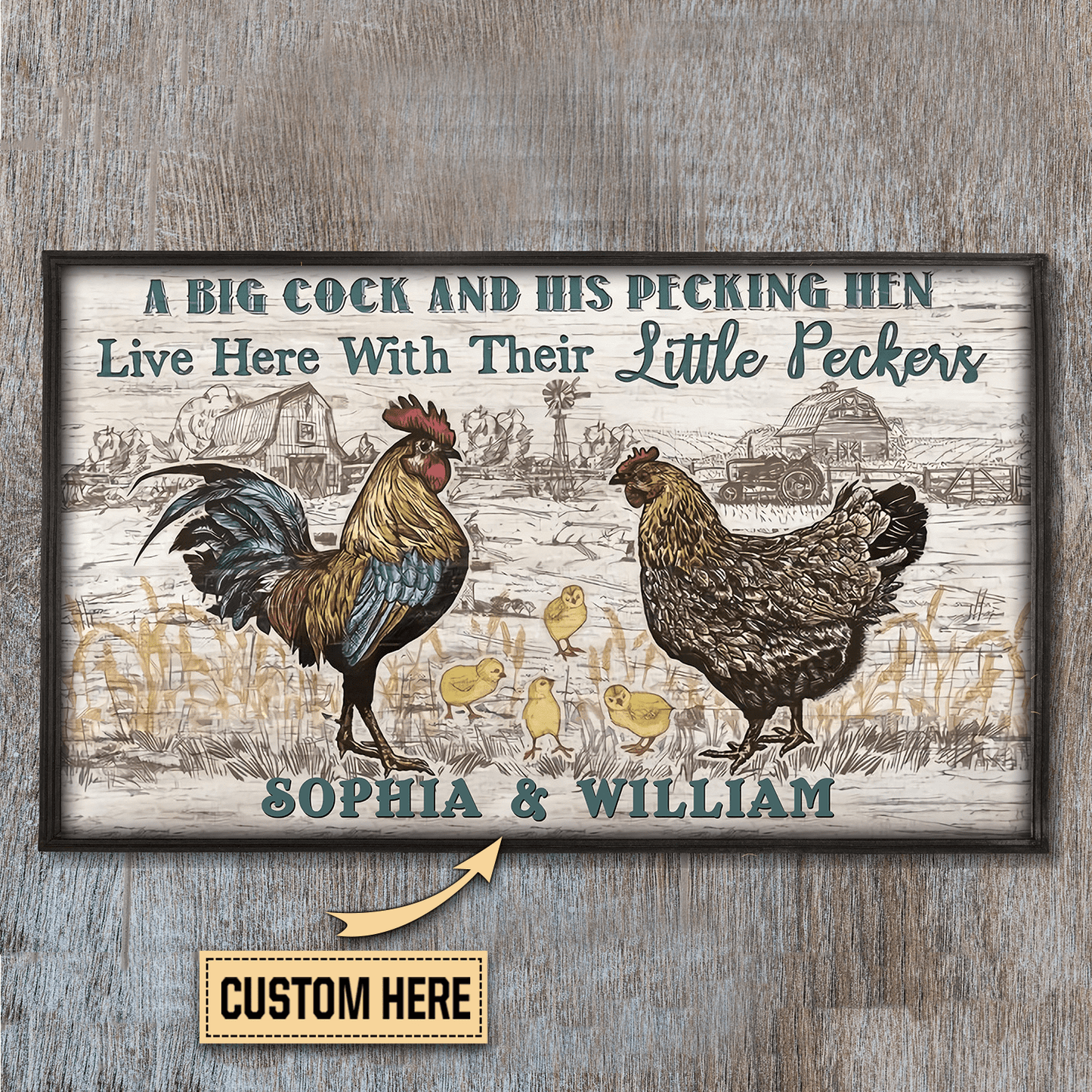A Big Cock And His Pecking Hen Rooster Doormat Personalized Name