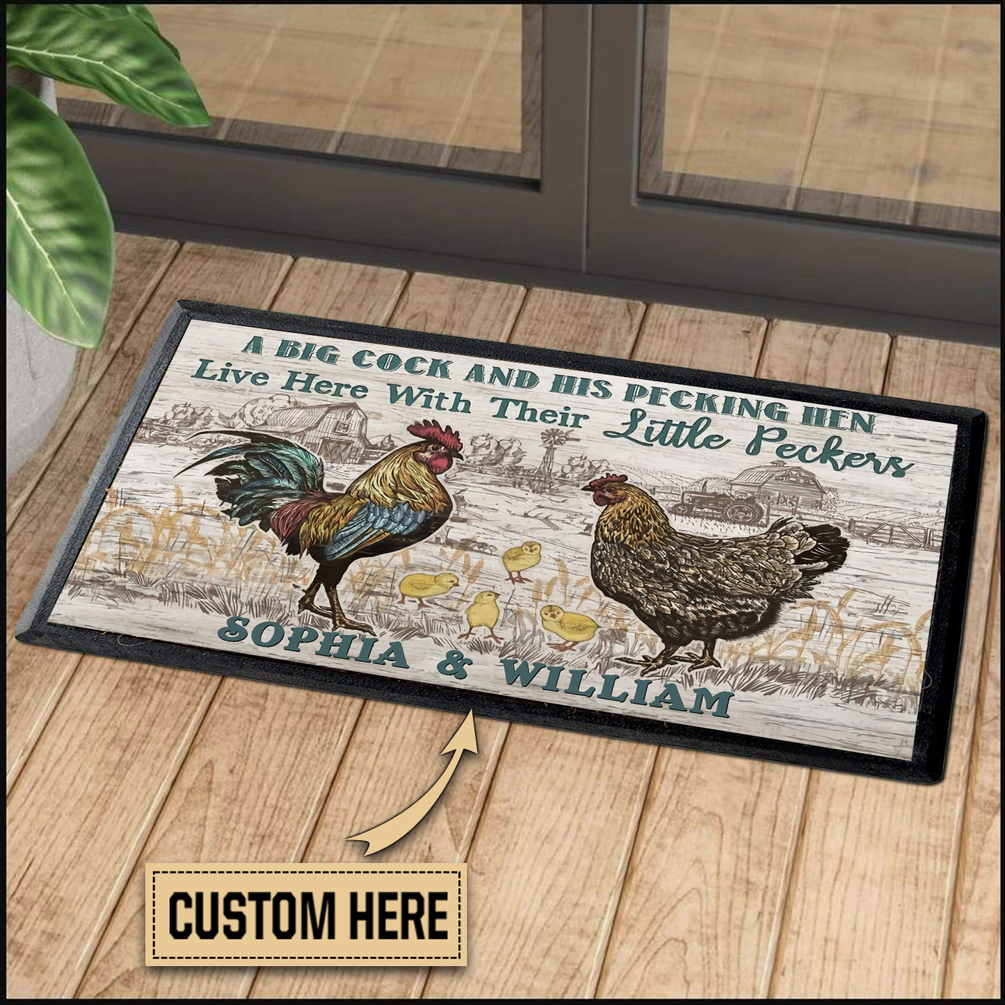A Big Cock And His Pecking Hen Rooster Doormat Personalized Name