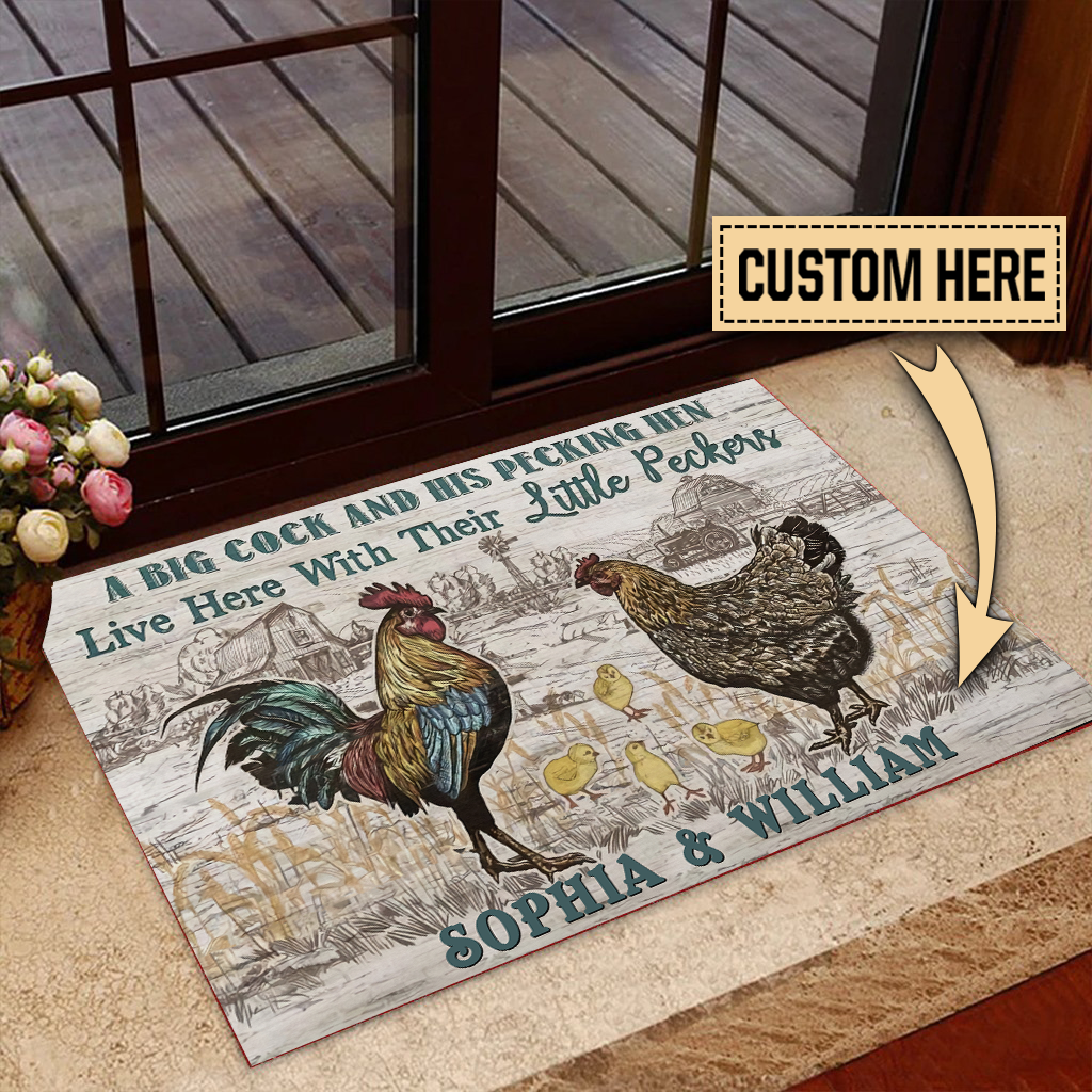 A Big Cock And His Pecking Hen Rooster Doormat Personalized Name