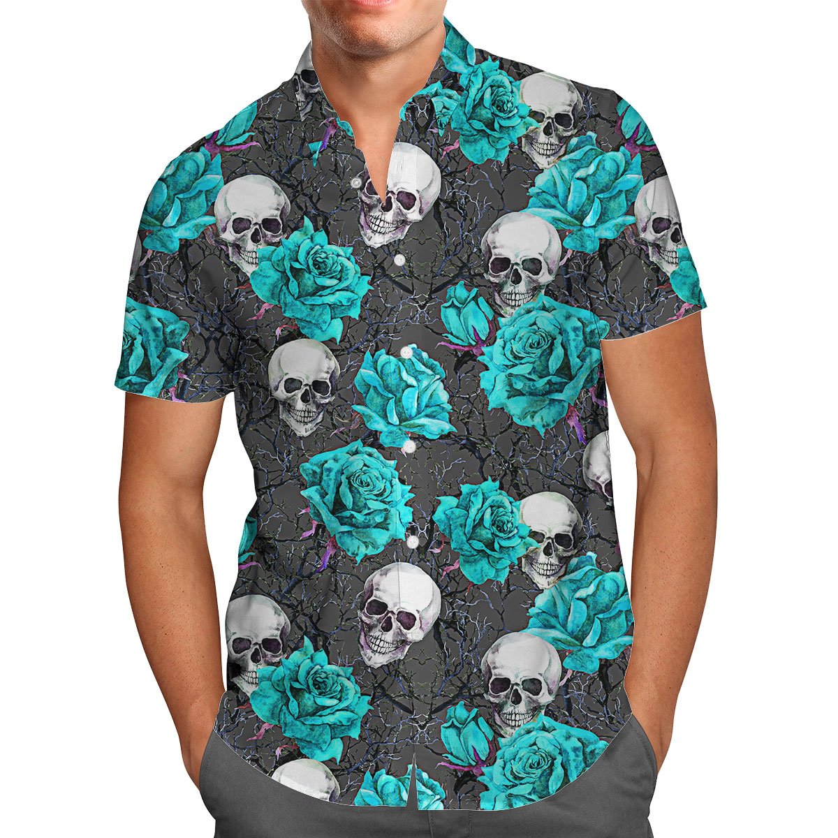 Turquoise Rose Skull Hawaii Shirt Combo With Short