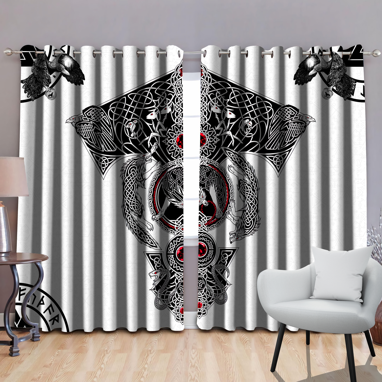 Vikings - Odin's Ravens Fenrir Skoll And Hati Valknut Thermal Grommet Window Curtains