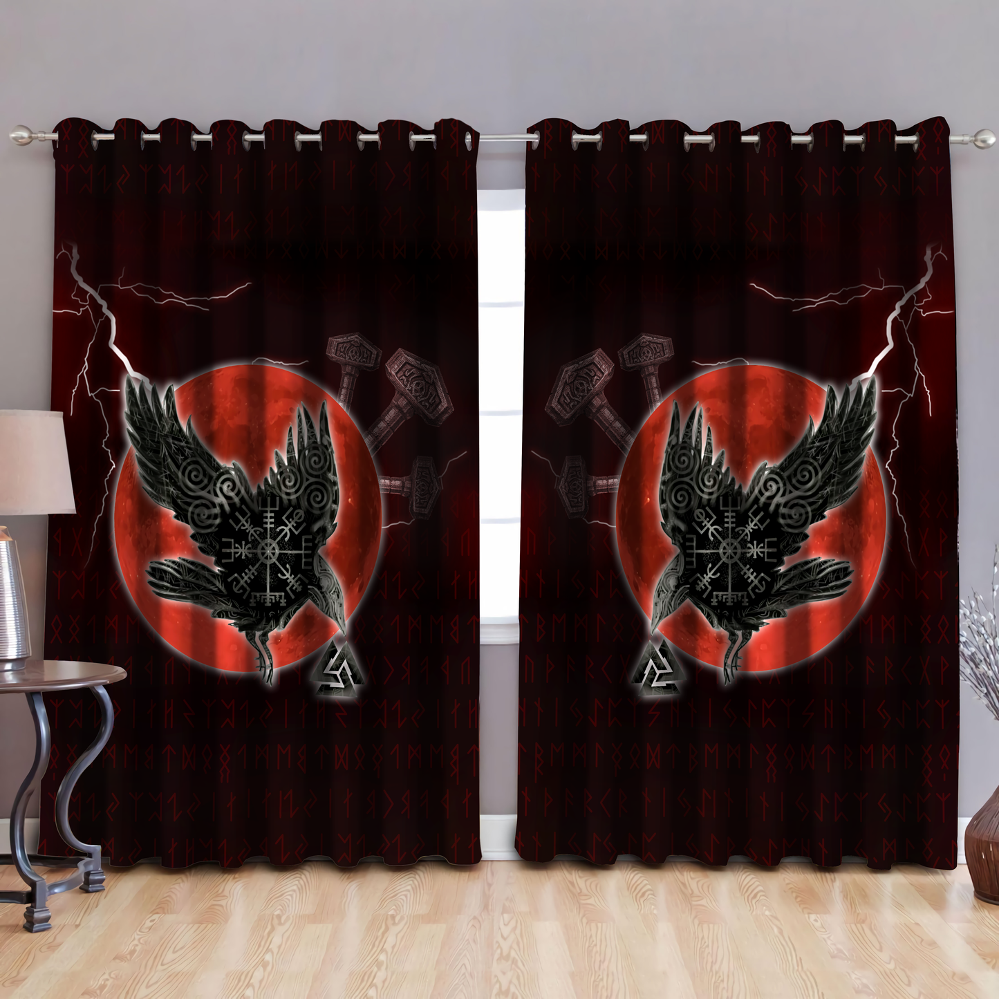 Vikings - Raven Helm Of Awe Valknut Mjolnir Rune Thermal Grommet Window Curtains