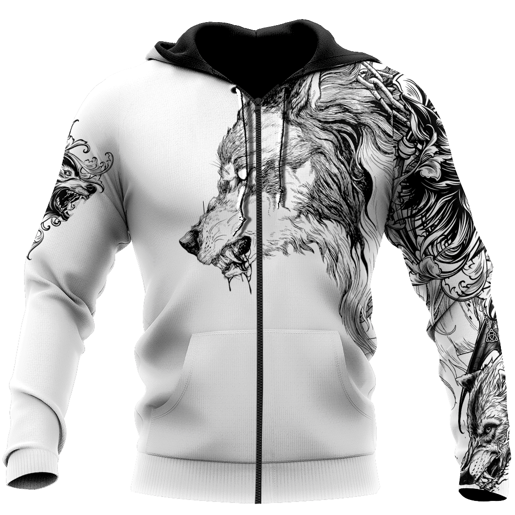 Wolf Tattoo 3D Over Printed Unisex Hoodie-ML
