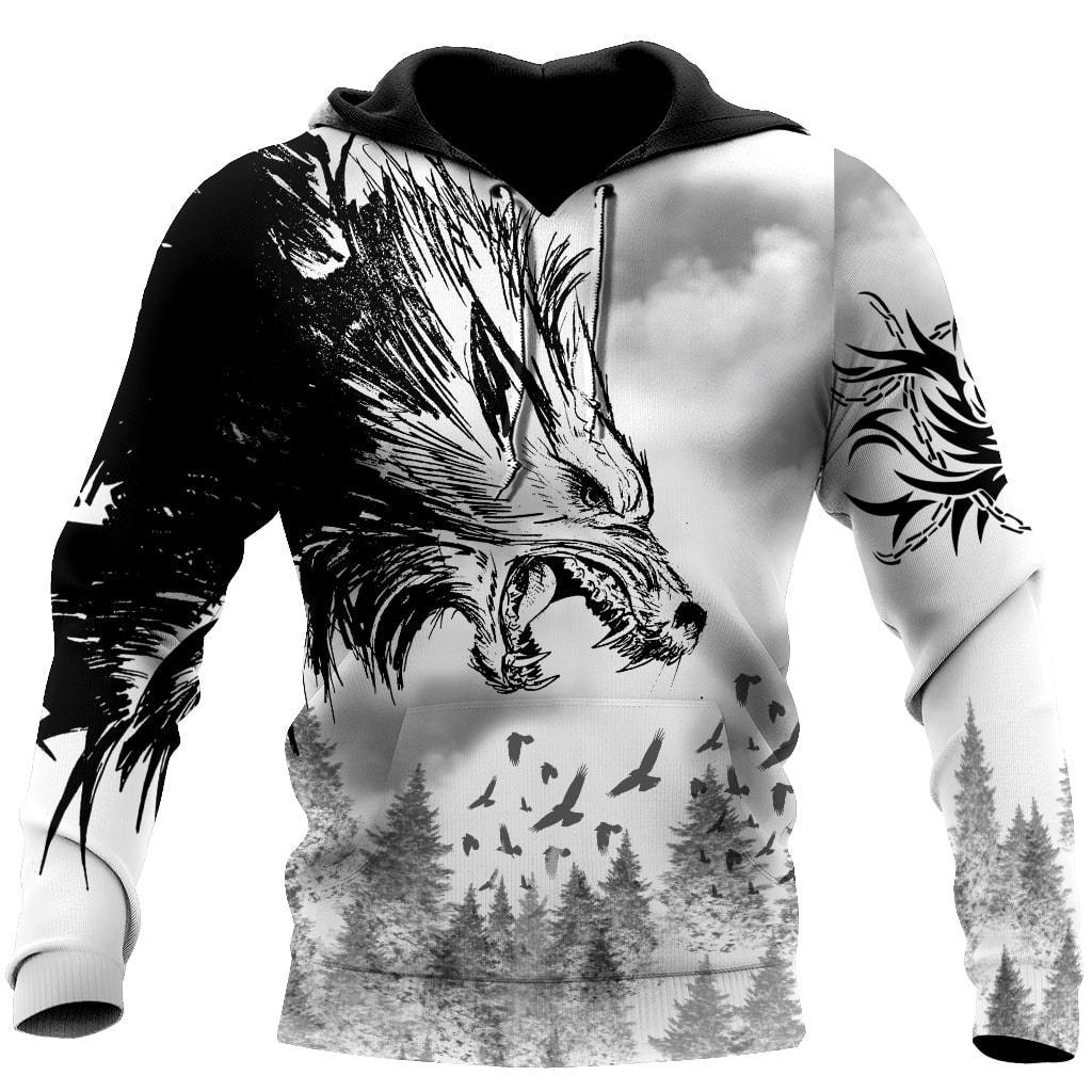 Black Wolf & Raven 3D Over Printed Hoodie for Men and Women-ML