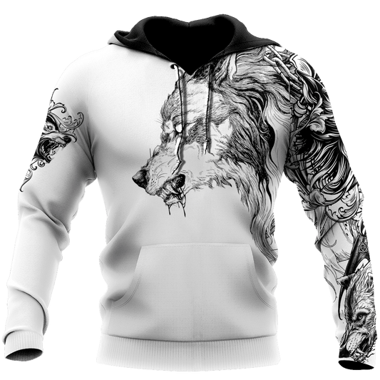 Wolf Tattoo 3D Over Printed Unisex Hoodie-ML