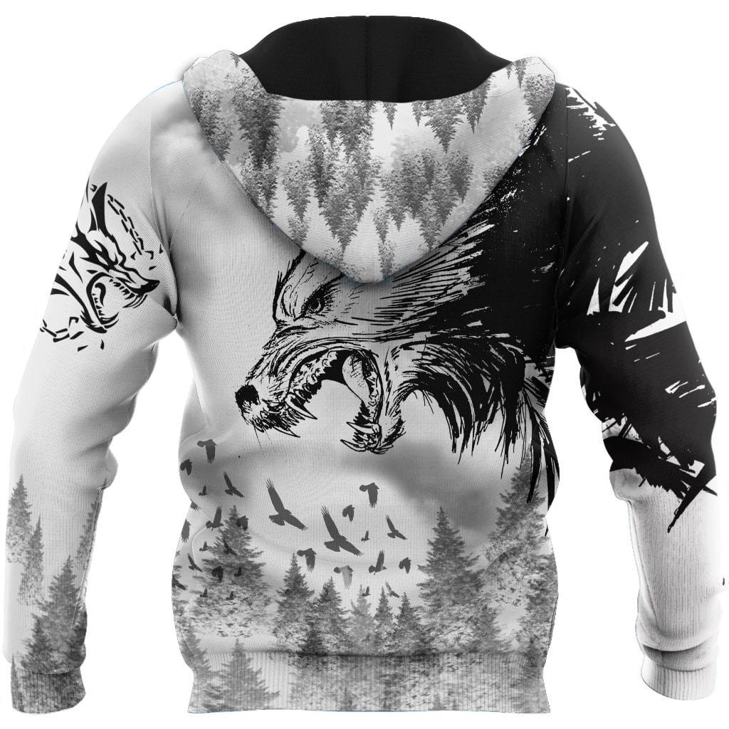 Black Wolf & Raven 3D Over Printed Hoodie for Men and Women-ML