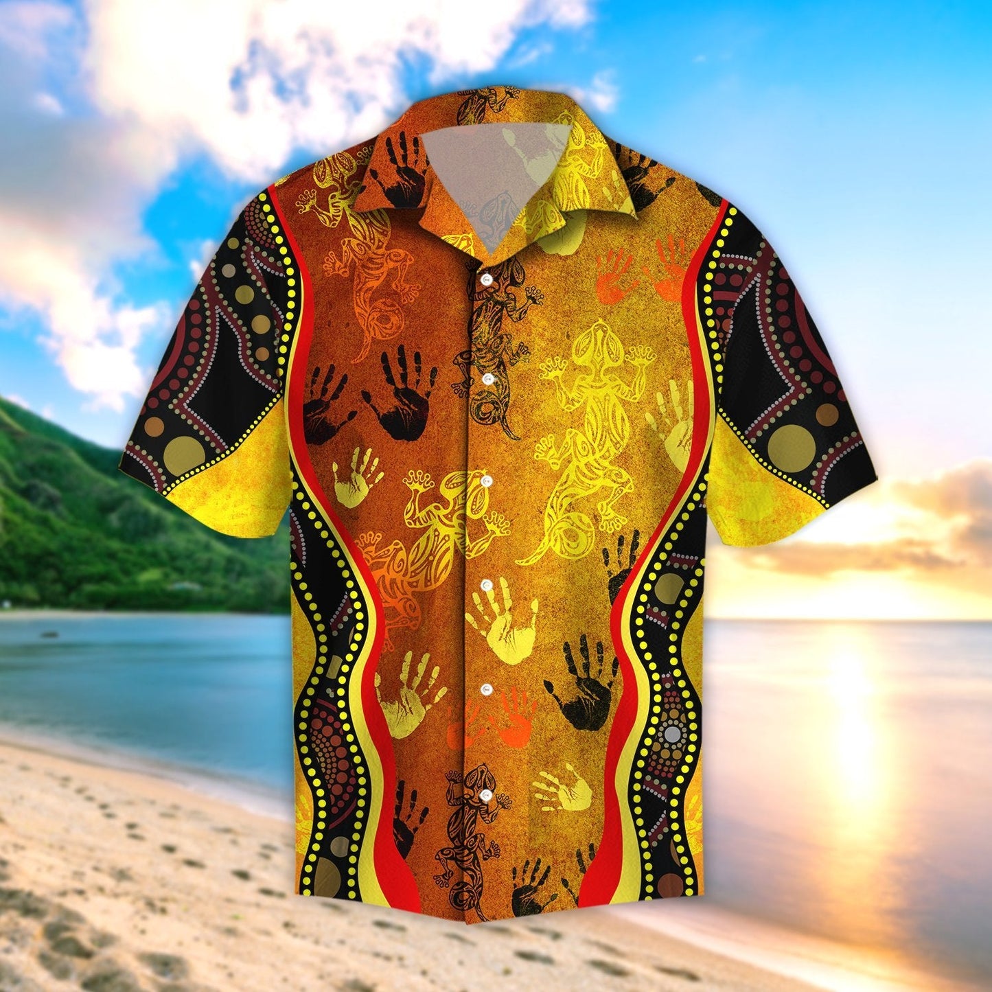 Aboriginal Australia Rock Painting Hand Lizard Art Golden Style Beach Shirt