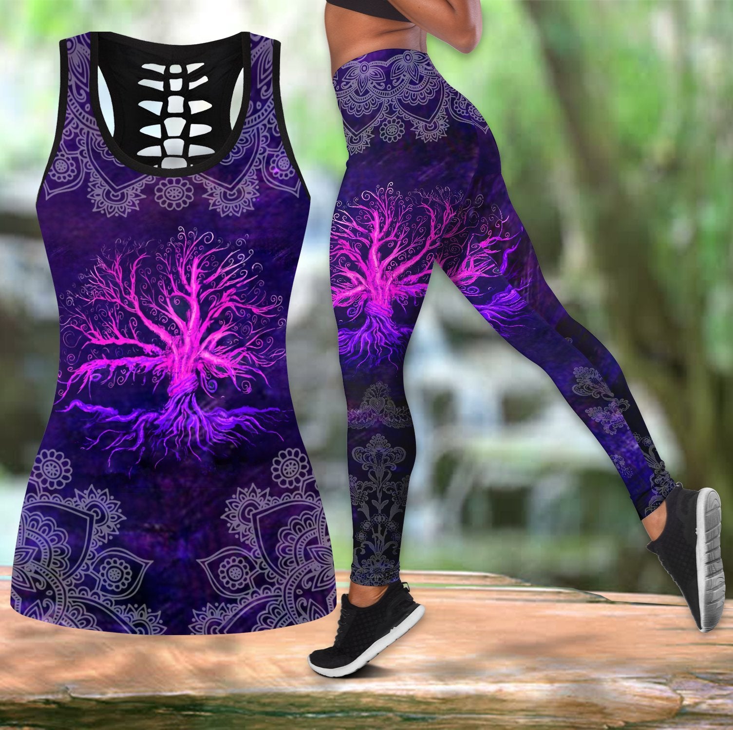Tree of life legging + hollow tanktop combo HAC270302 - Amaze Style™-Apparel
