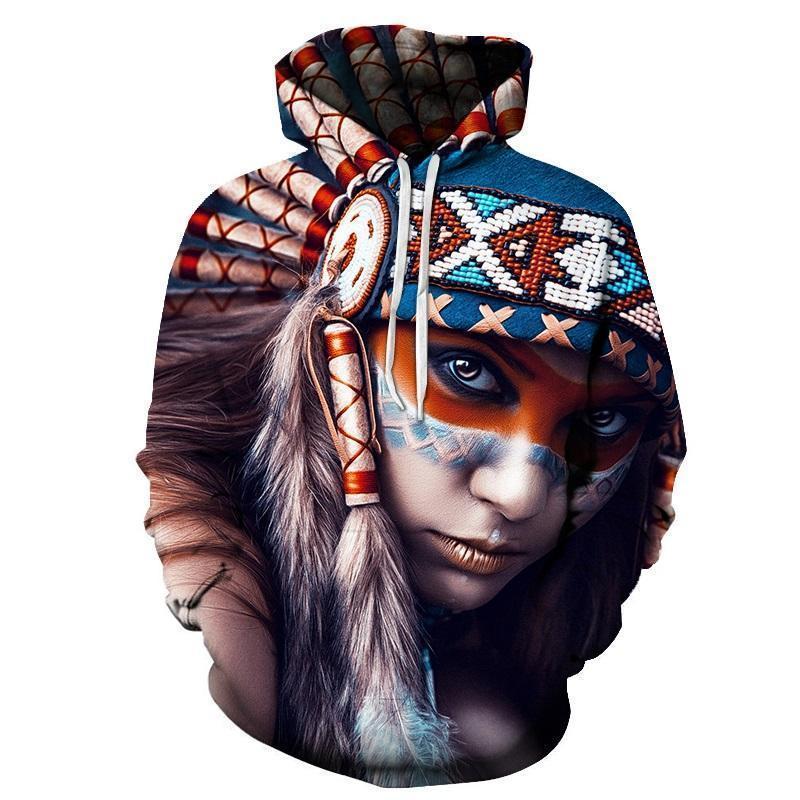 BLUE, RED AND WHITE NATIVE AMERICAN GIRL 3D HOODIE - NATIVE AMERICAN CLOTHING NVD1300 - Amaze Style™-Apparel