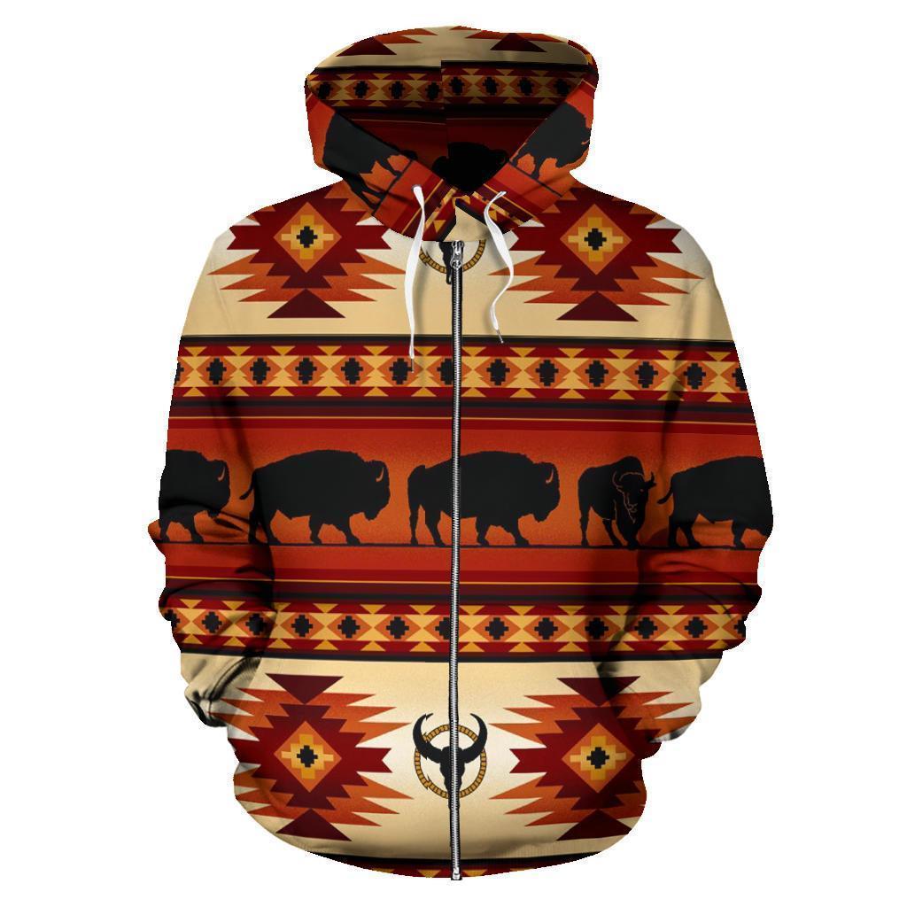 3D Native American Tribal Pattern Bison Brown Zipper Hoodie NVD1304 - Amaze Style™-Apparel