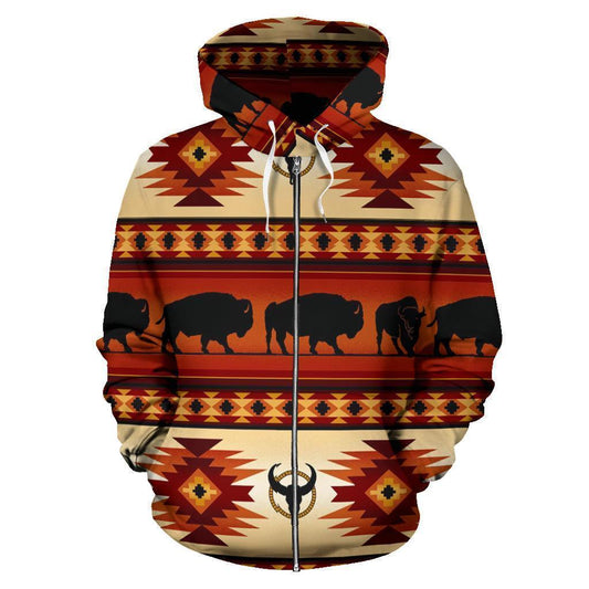 3D Native American Tribal Pattern Bison Brown Zipper Hoodie NVD1304 - Amaze Style™-Apparel