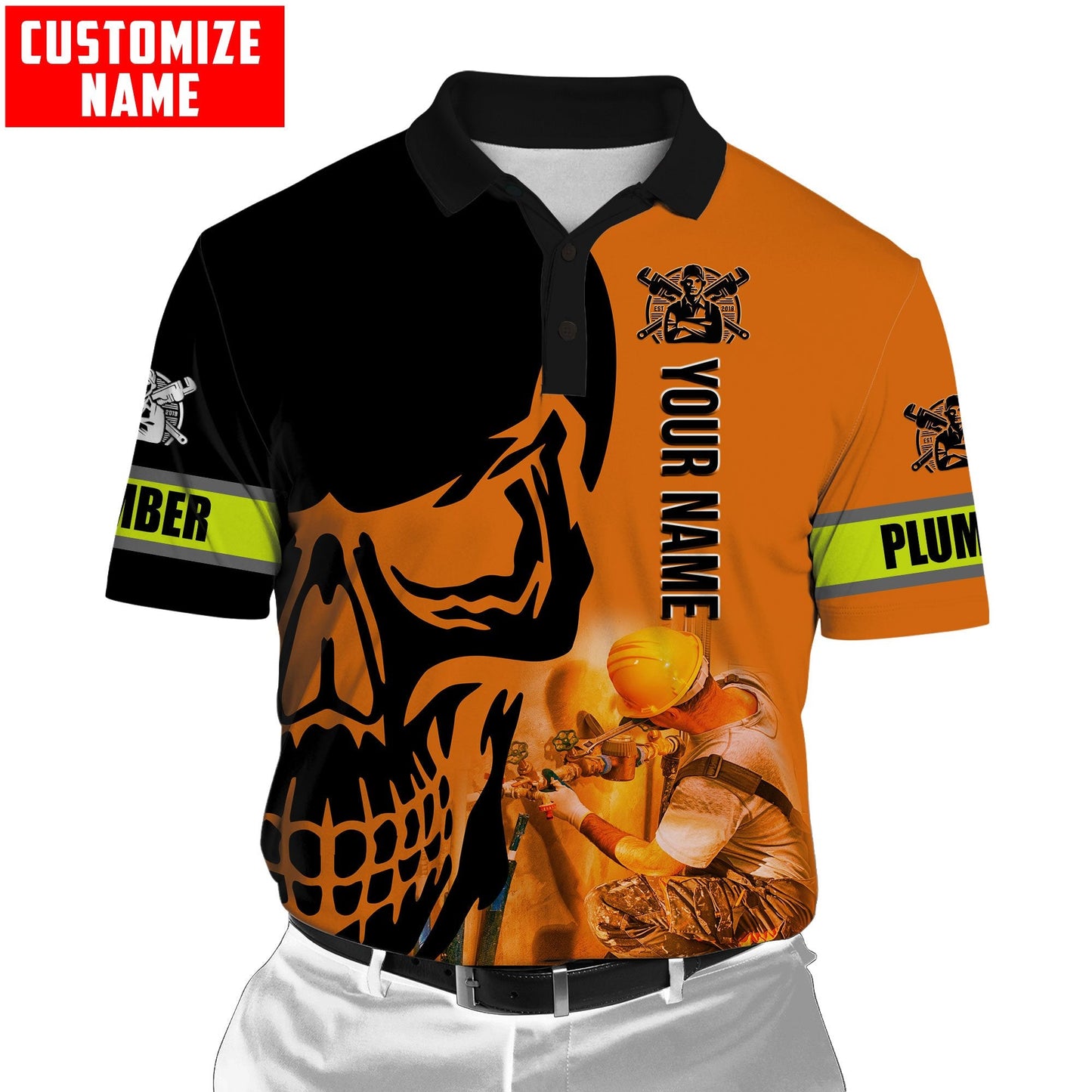 Tmarc Tee Personalized Plumber Orange Skull Apparel