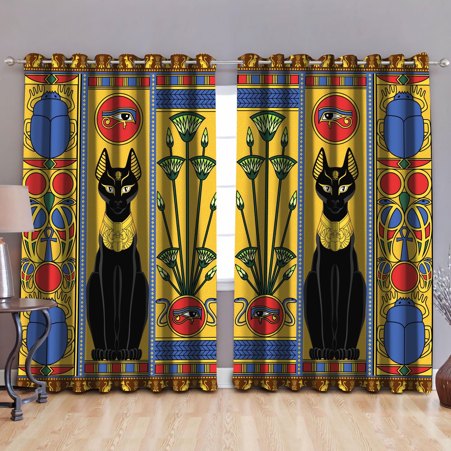Black Cat Ancient Egyptian Blackout Thermal Grommet Window Curtains Pi25062004