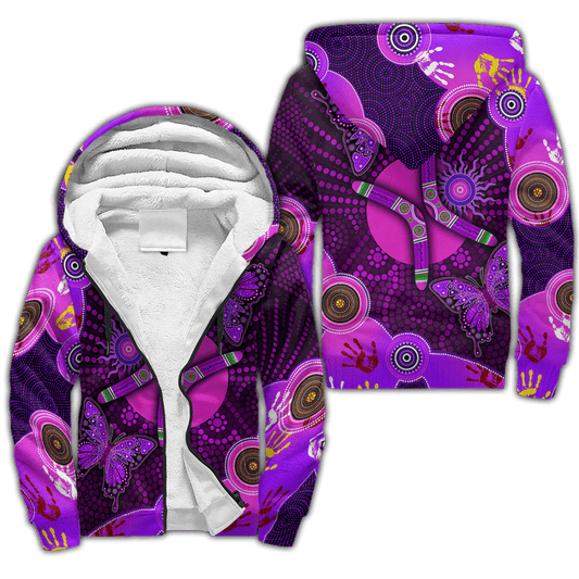 Aboriginal Naidoc Week 2021 Purple Butterflies Fleece Zip-Up Hoodie