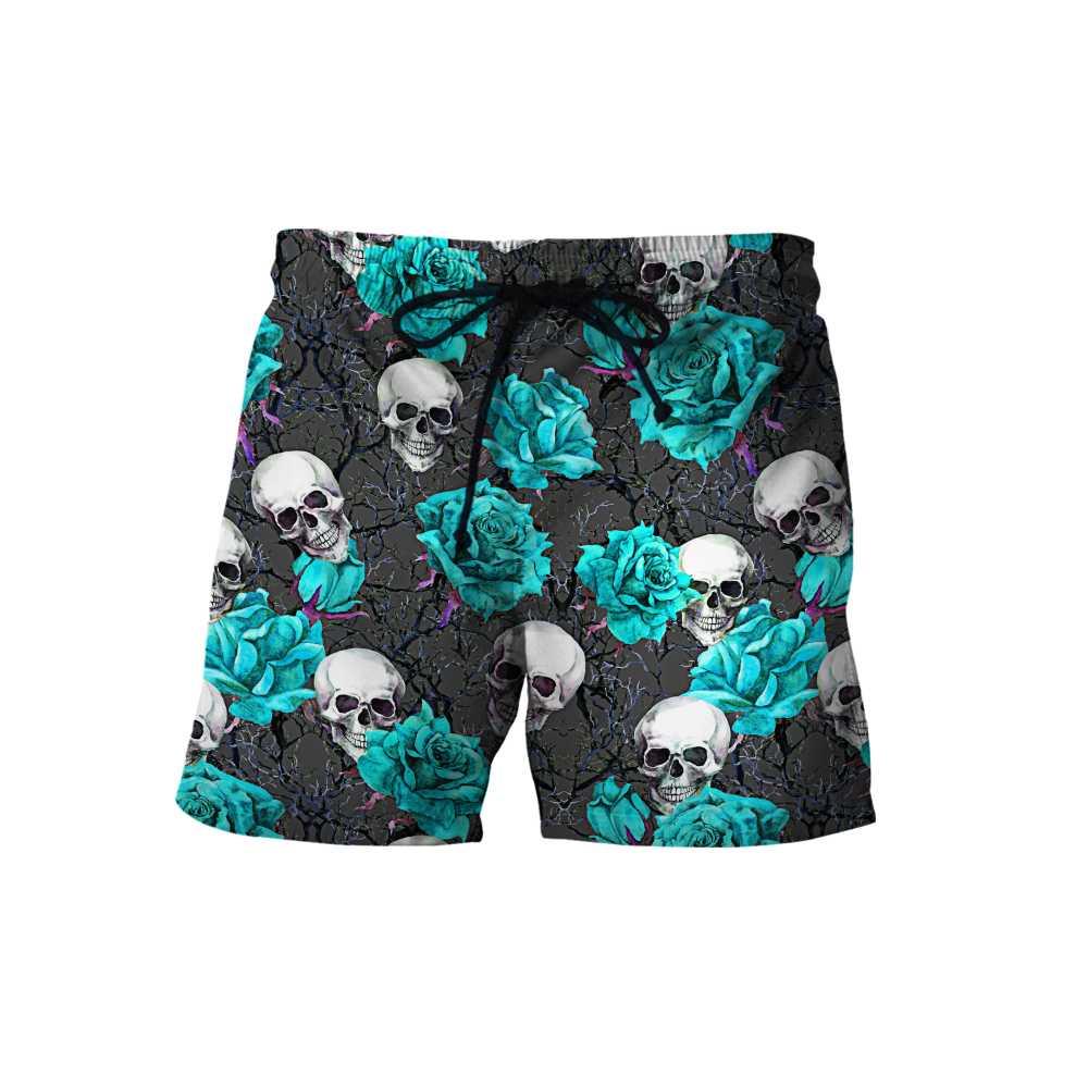 Turquoise Rose Skull Hawaii Shirt Combo With Short