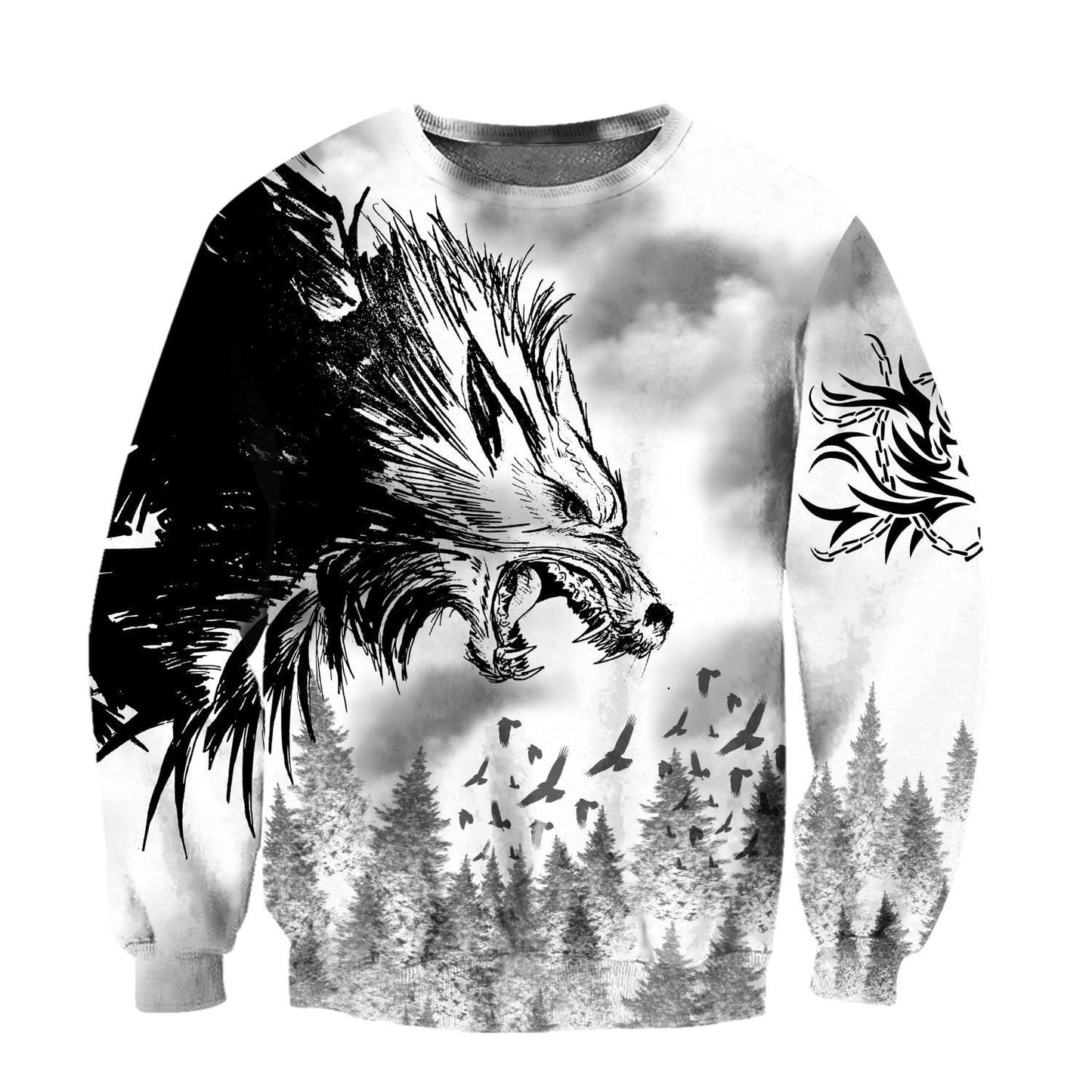 Black Wolf & Raven 3D Over Printed Hoodie for Men and Women-ML