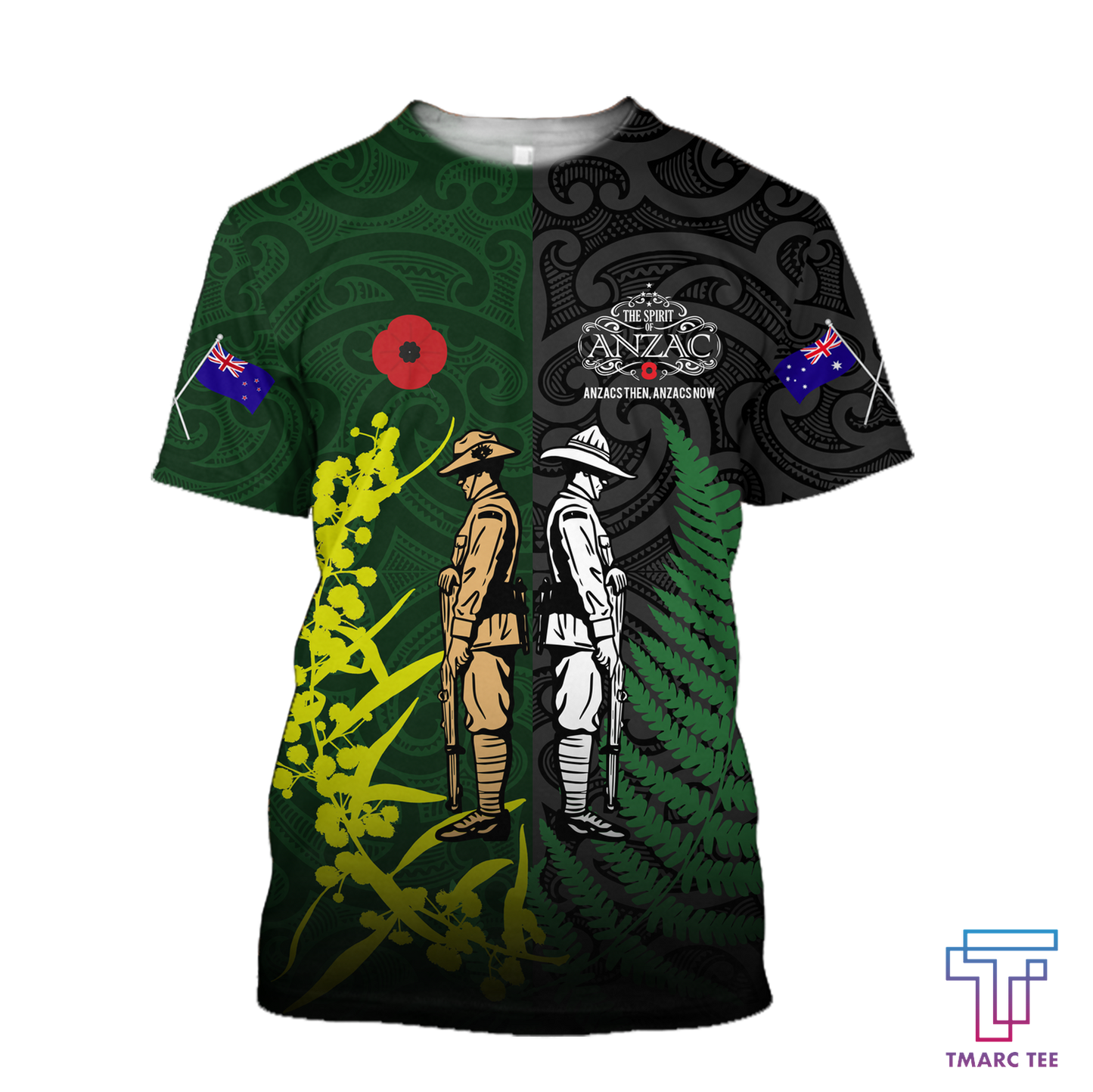 Tmarc Tee Anzac day fern-wattle lest we forget Kiwi and Australia Soldier