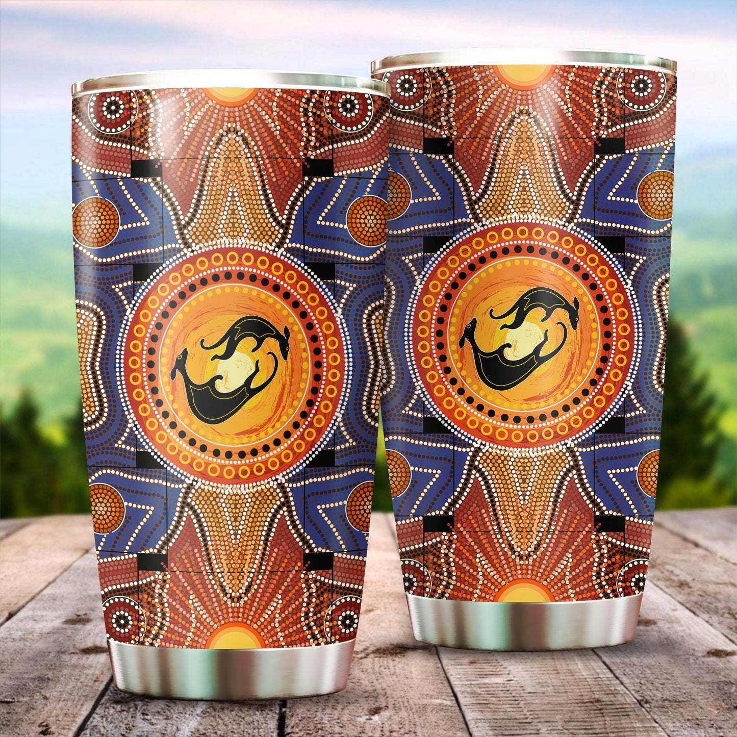 Aboriginal Decors Australian Gifts Kangaroos Yinyang Stainless Steel Tumbler 20Oz
