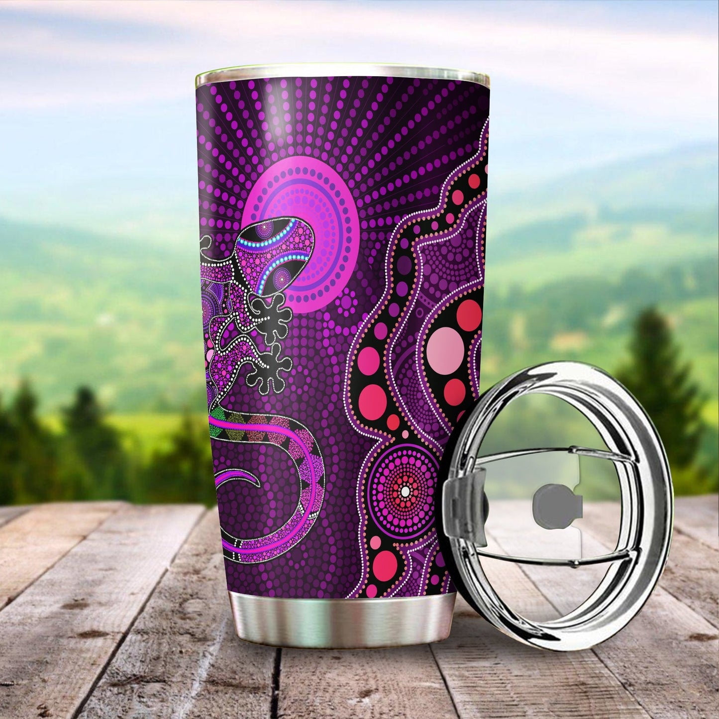 Aboriginal Decors Australian Gifts Purple Lizard Sun Stainless Steel Tumbler 20Oz