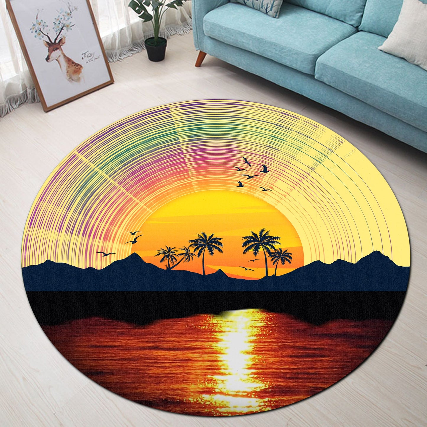 Vinyl Record Sunset Round Rug